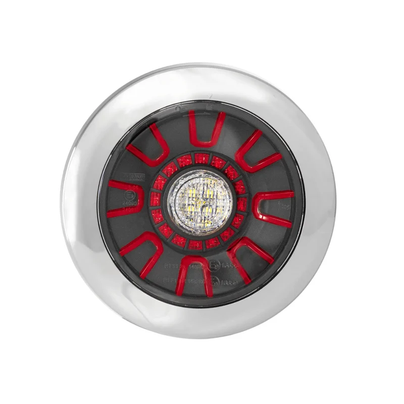 Fanale posteriore rotondo scuro Fristom con fendinebbia, luce di posizione e retromarcia / copertura cromata