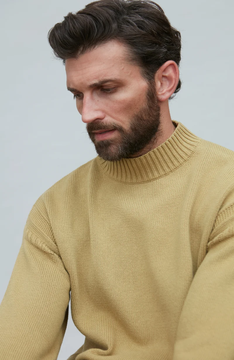 Mens Midweight Organic Cotton Linen Mock Neck Gansey Jumper