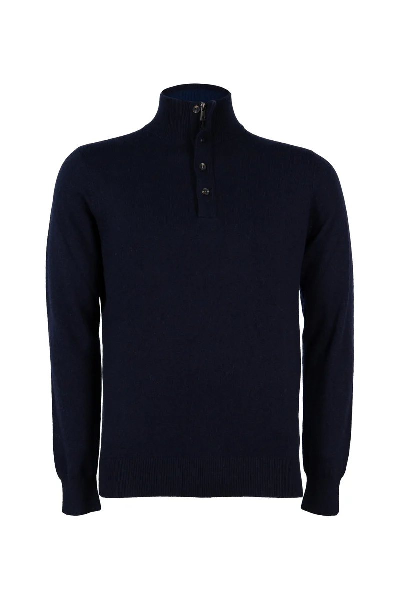 Pullover in misto cachemire con collo alto chiuso da mezza zip e 4 bottoni