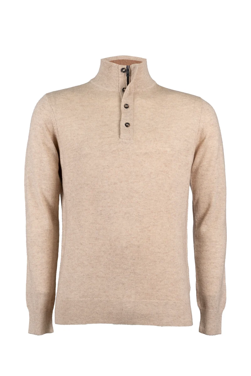 Pullover in misto cachemire con collo alto chiuso da mezza zip e 4 bottoni