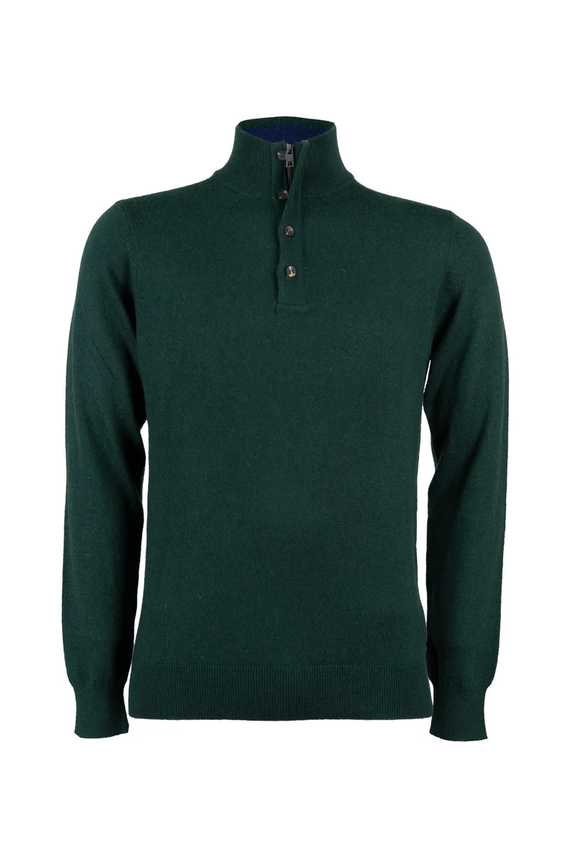 Pullover in misto cachemire con collo alto chiuso da mezza zip e 4 bottoni