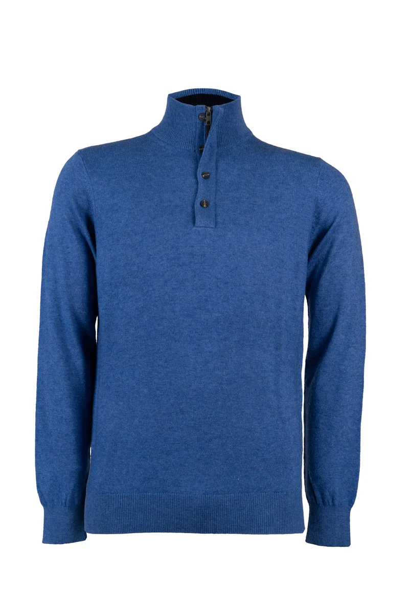 Pullover in misto cachemire con collo alto chiuso da mezza zip e 4 bottoni