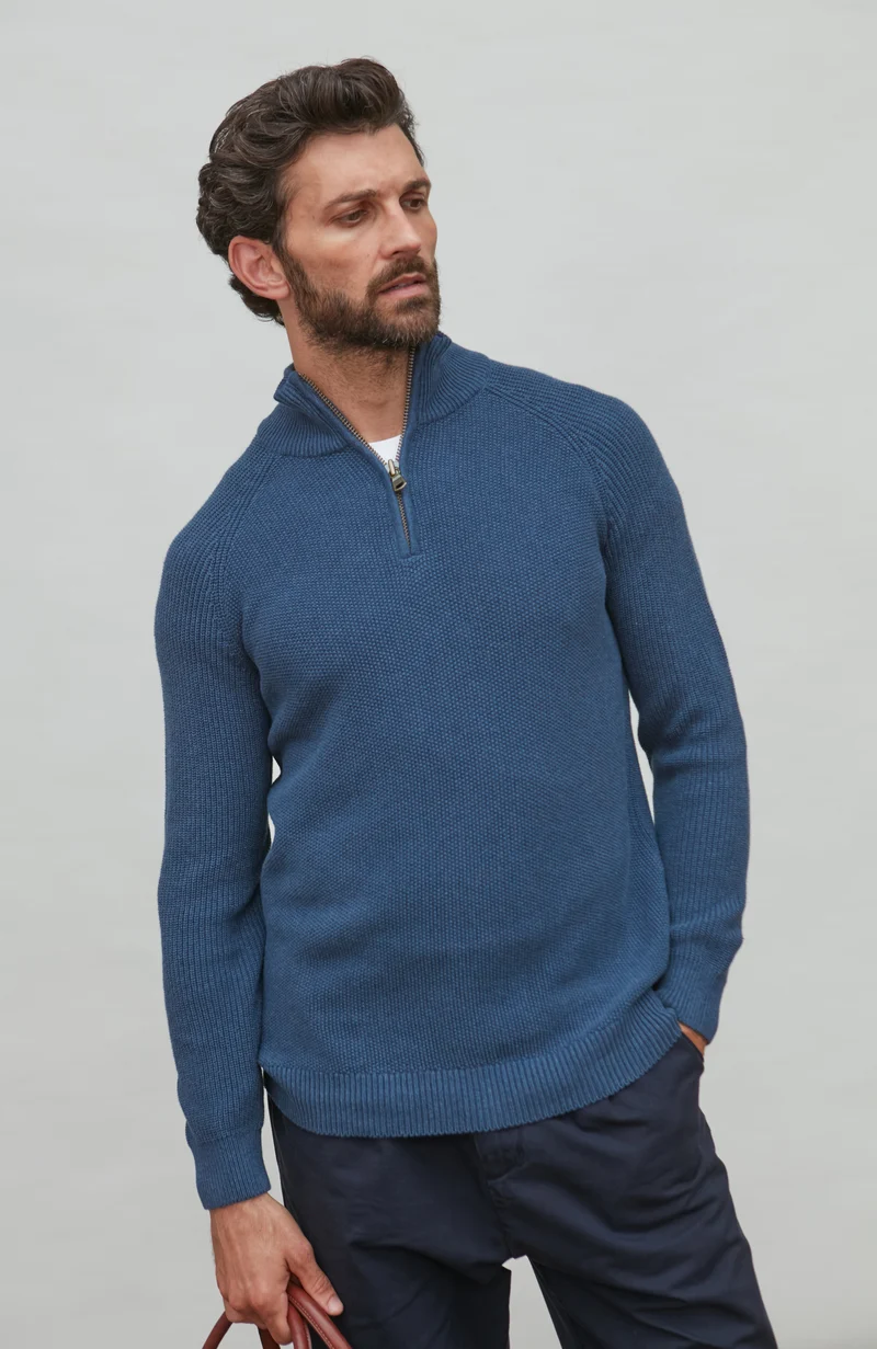 Mens Midweight Cotton Zip Neck Jumper