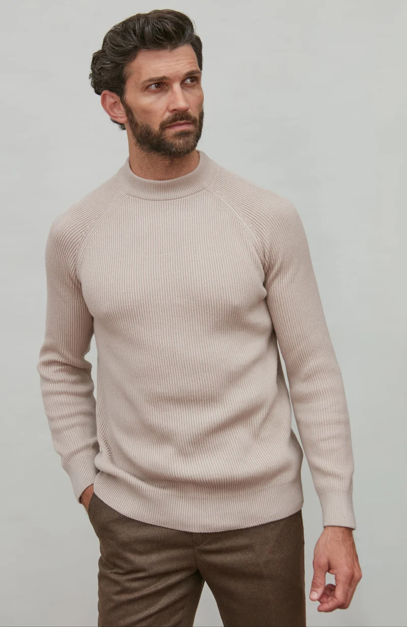 Mens Midweight Cotton Ribbed High Crew Neck Jumper