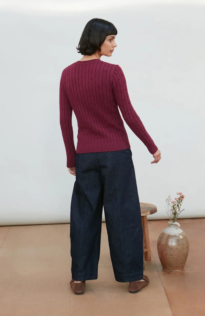 Womens Cotton Cable V Neck Jumper