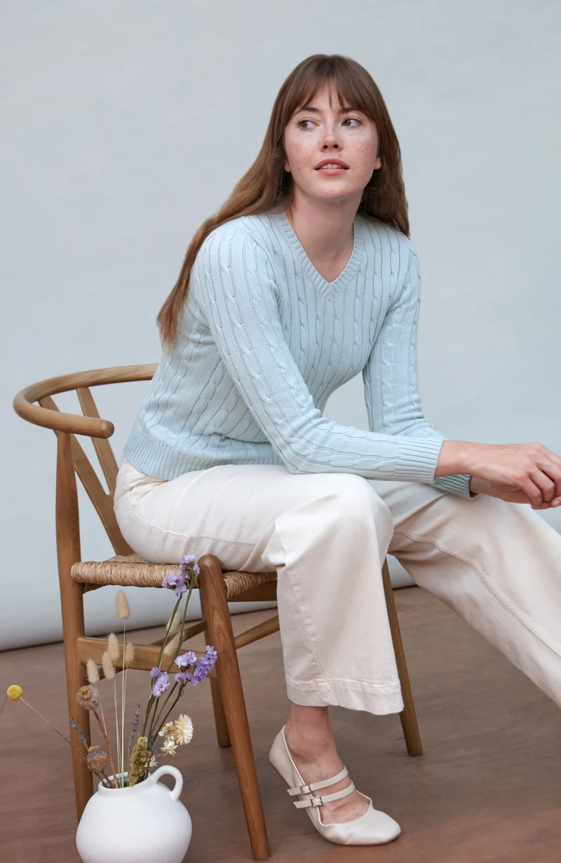 Womens Cotton Cable V Neck Jumper