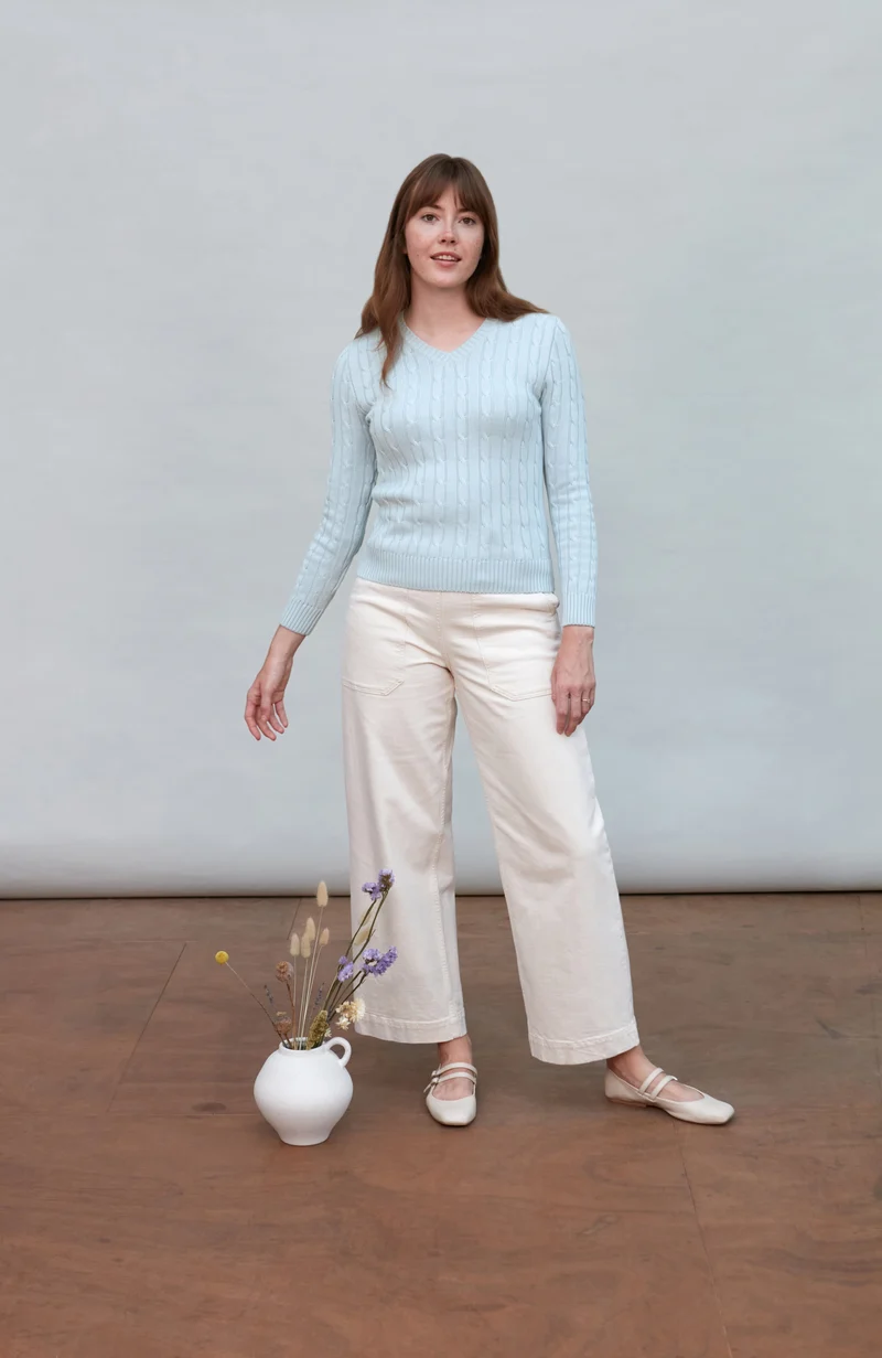 Womens Cotton Cable V Neck Jumper