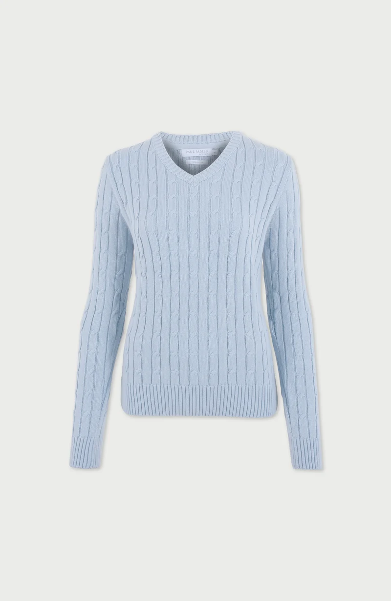 Womens Cotton Cable V Neck Jumper