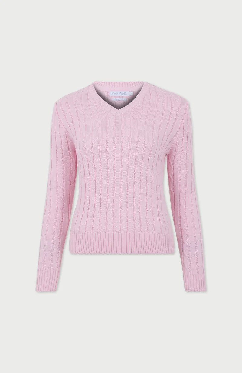 Womens Cotton Cable V Neck Jumper