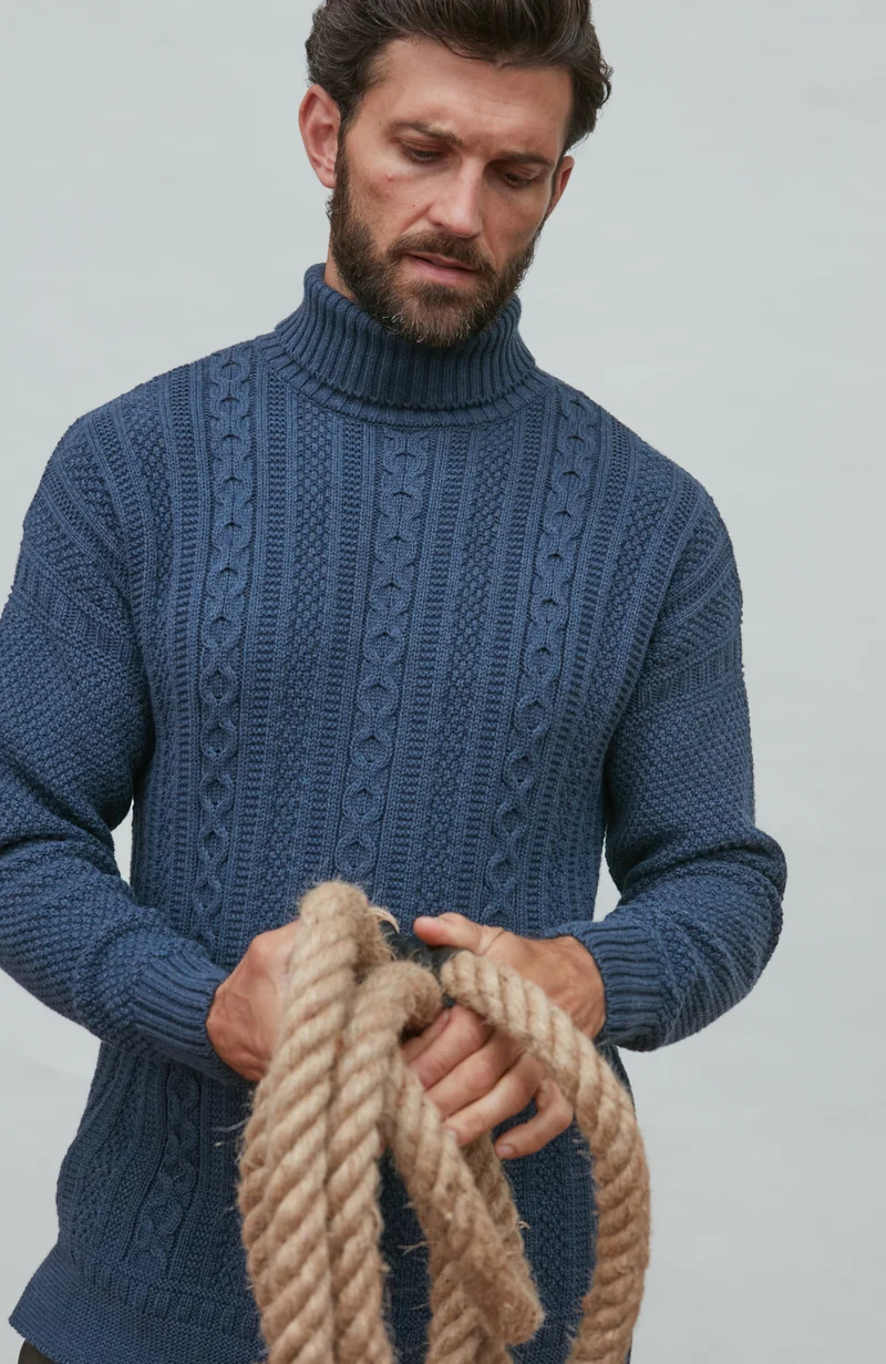 Mens Midweight Cotton Cable Roll Neck Gansey Jumper