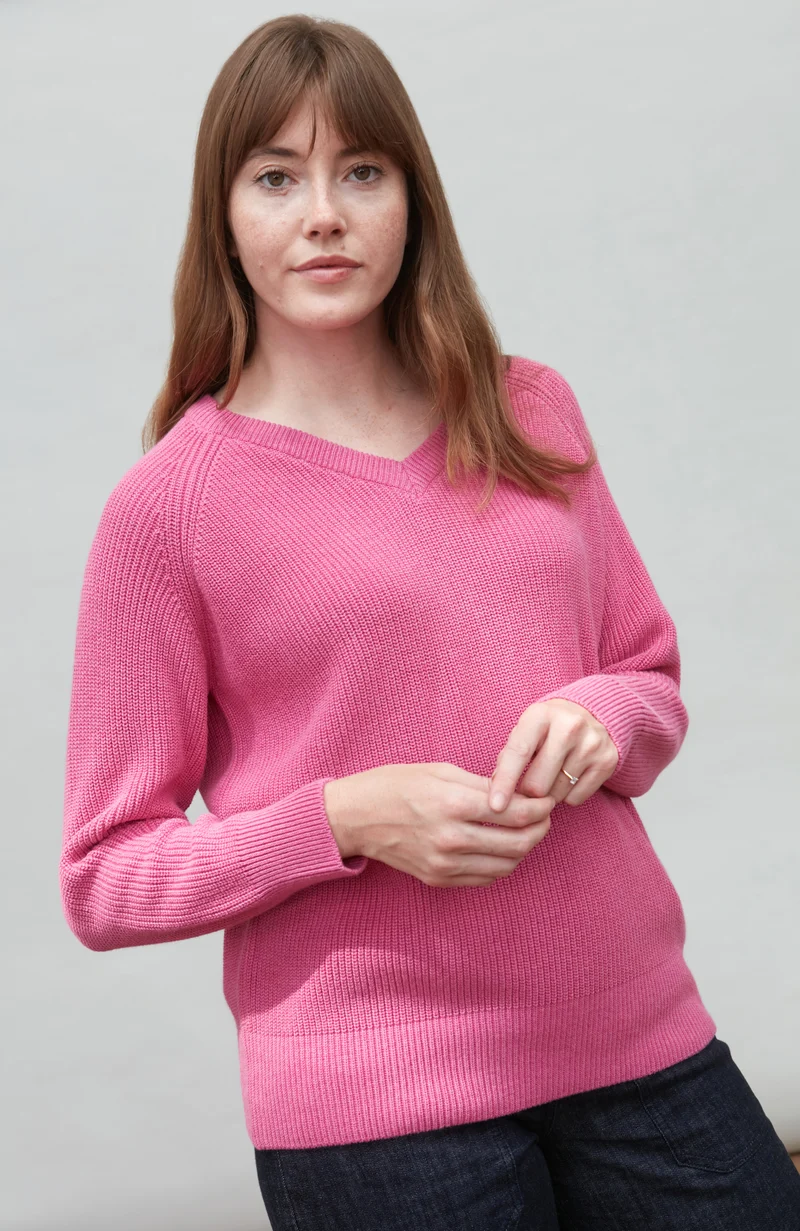 Womens Cotton Ribbed V Neck Jumper