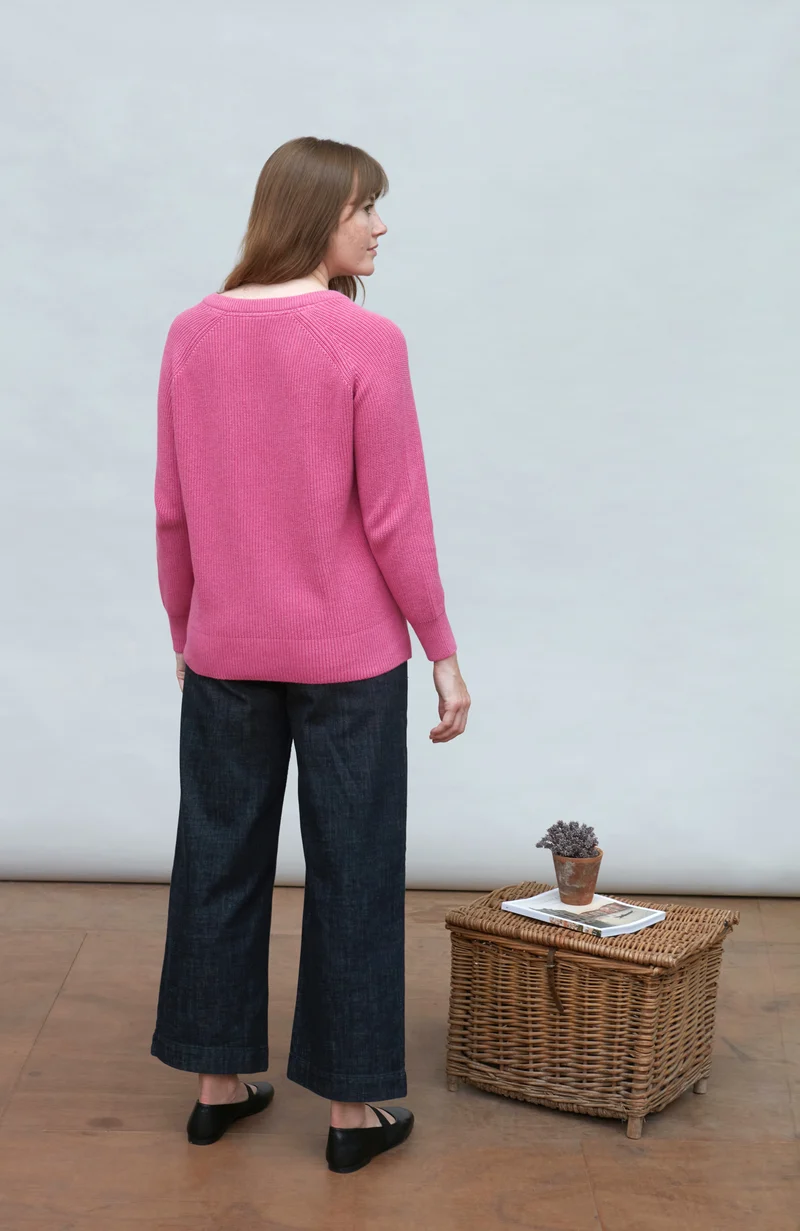 Womens Cotton Ribbed V Neck Jumper