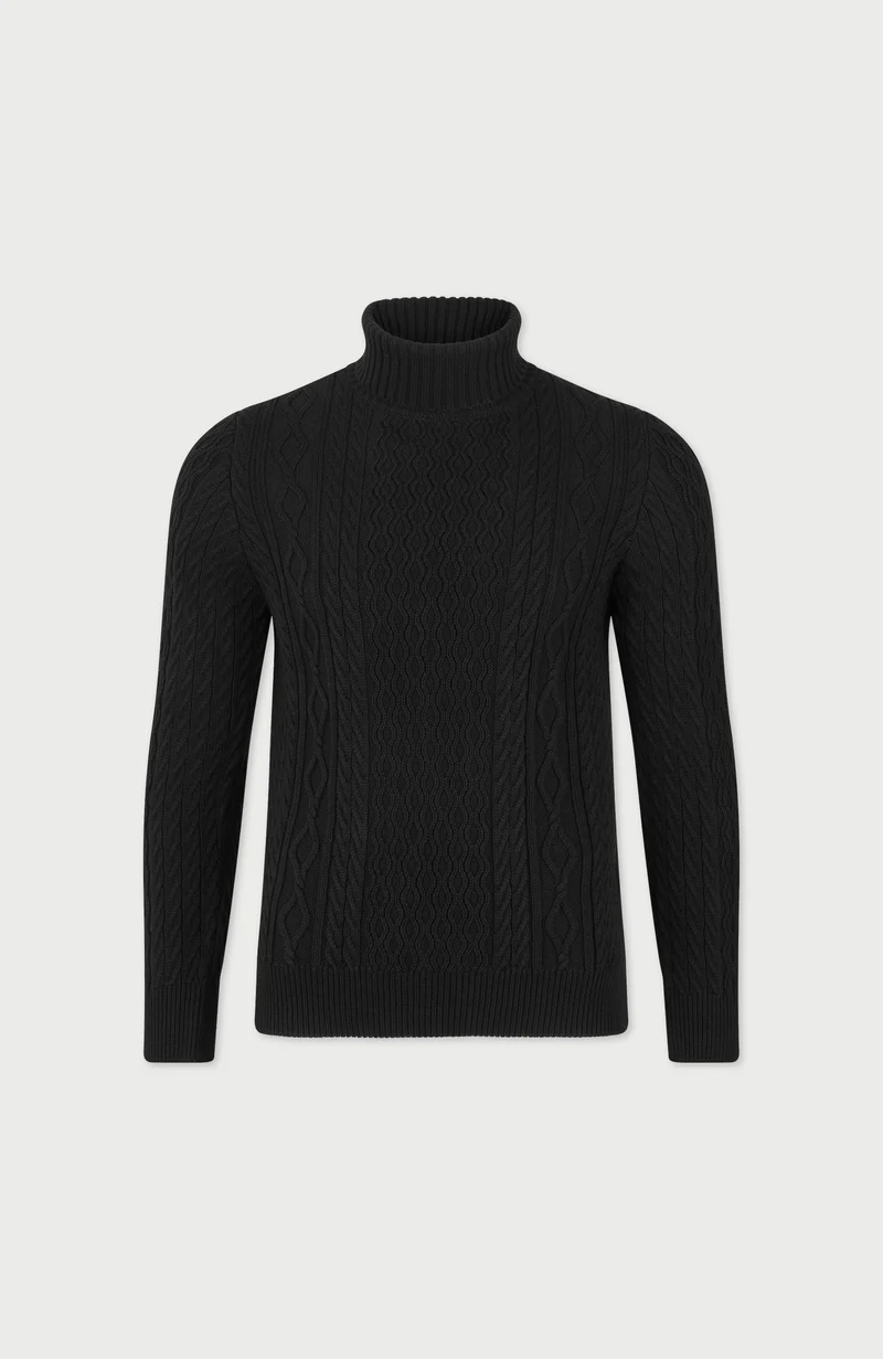 Mens Midweight Cotton Roll Neck Cable Jumper
