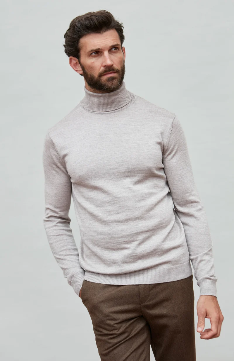 Mens Extra Fine Merino Wool Roll Neck Jumper