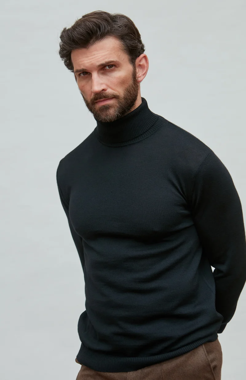 Mens Extra Fine Merino Wool Roll Neck Jumper