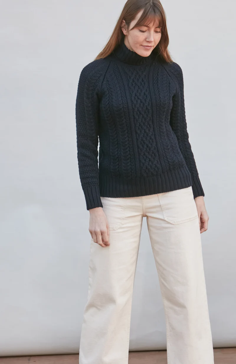 Womens Chunky Merino Roll Neck Cable Jumper