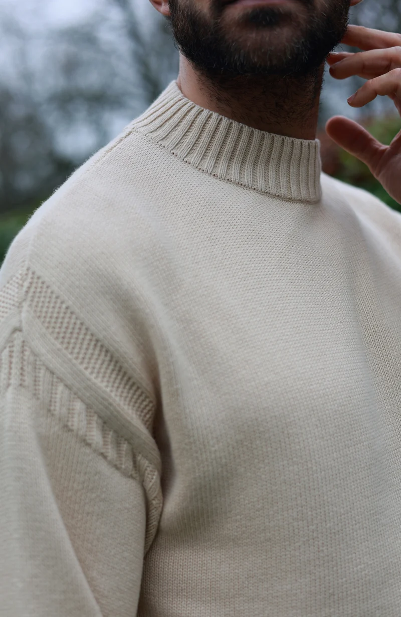 Mens Midweight Organic Cotton Linen Mock Neck Gansey Jumper