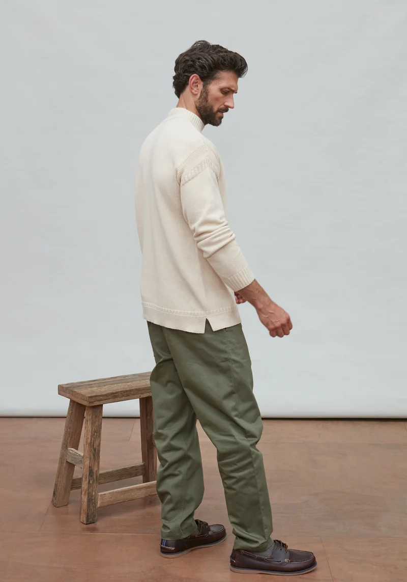 Mens Midweight Organic Cotton Linen Mock Neck Gansey Jumper