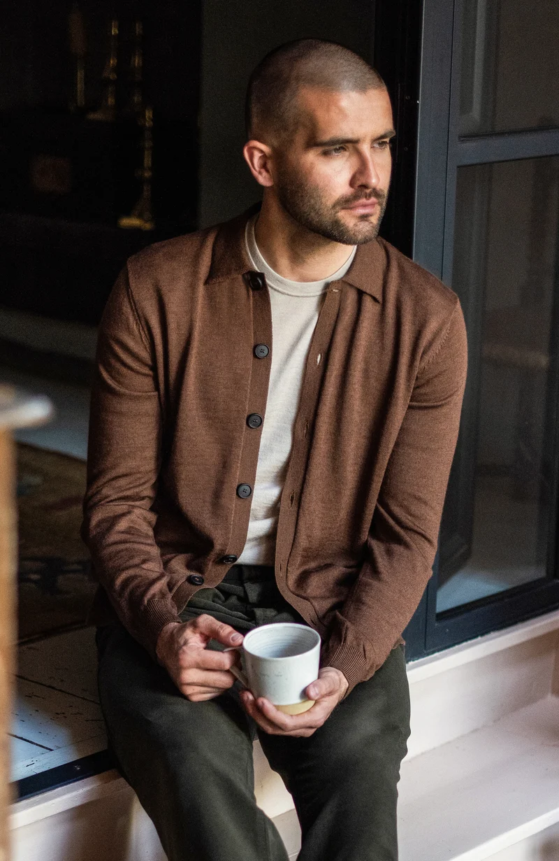 Mens Extra Fine Merino Wool Polo Cardigan