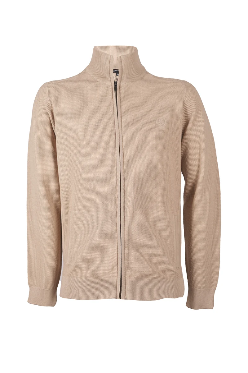 Cardigan full zip con collo alto in puro cotone chicco di riso e doppia tasca laterale