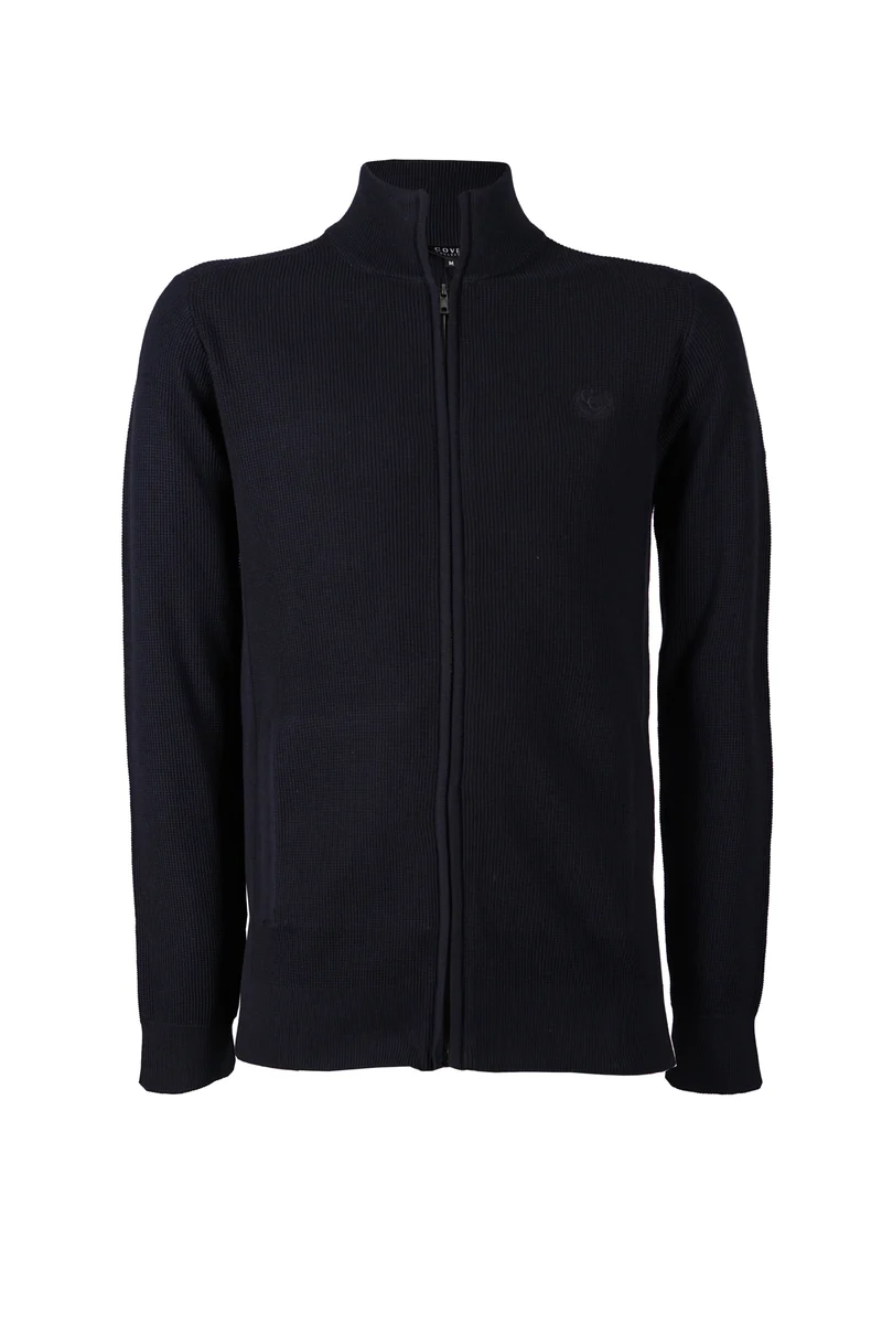 Cardigan full zip con collo alto in puro cotone chicco di riso e doppia tasca laterale
