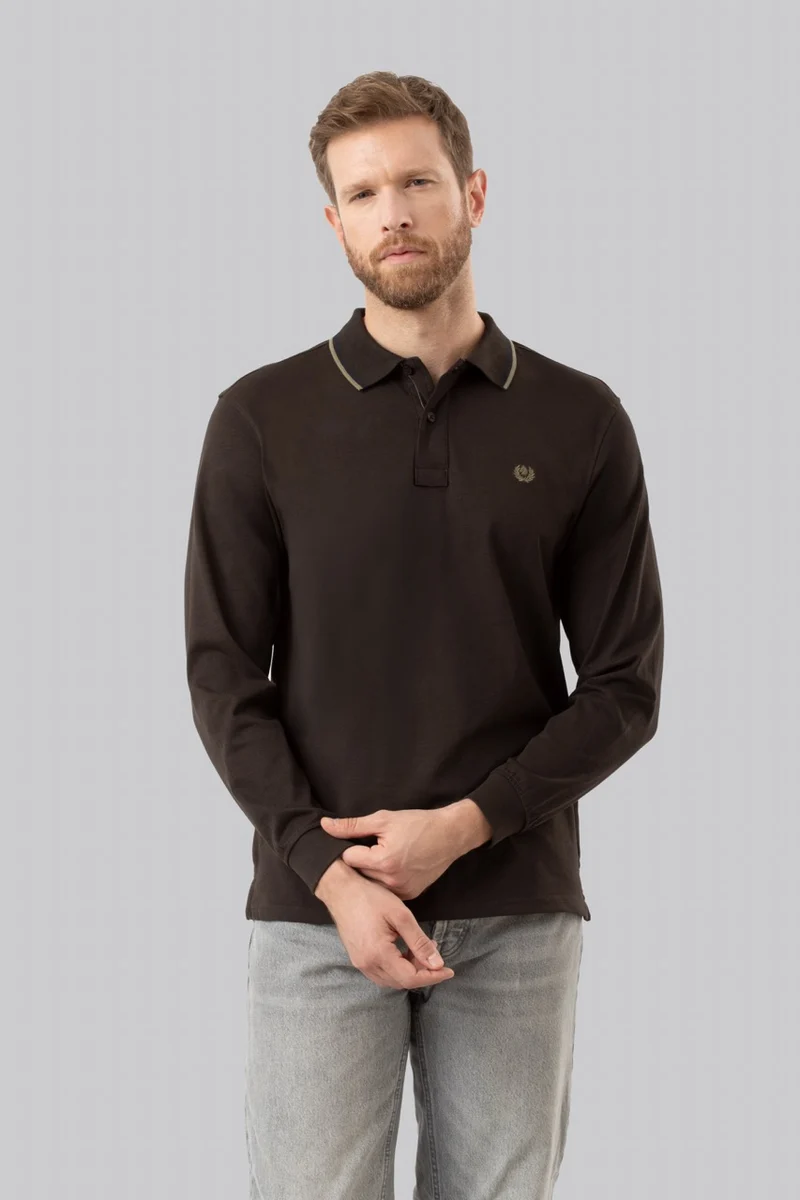 Polo manica lunga in cotone suede righe a contrasto e sottocollo logato