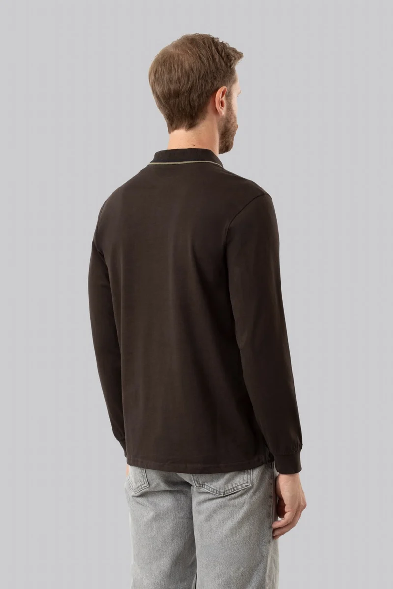 Polo manica lunga in cotone suede righe a contrasto e sottocollo logato