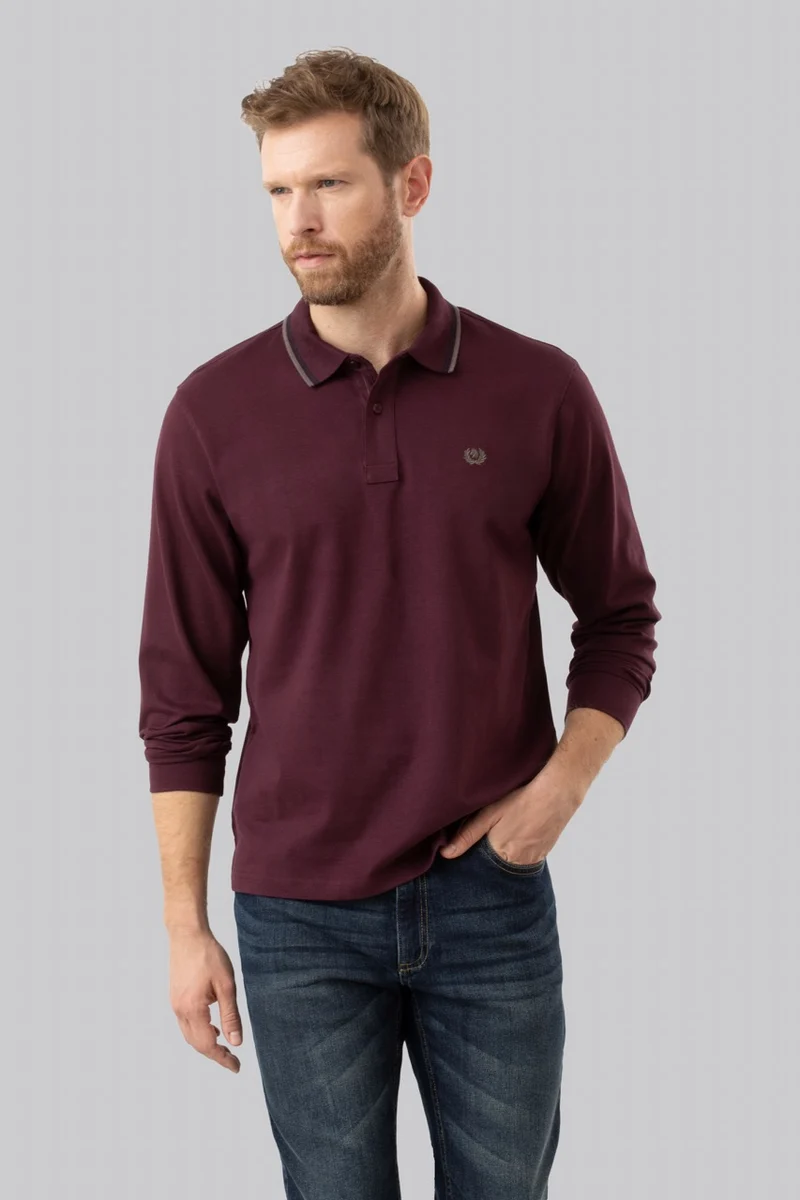 Polo manica lunga in cotone suede righe a contrasto e sottocollo logato