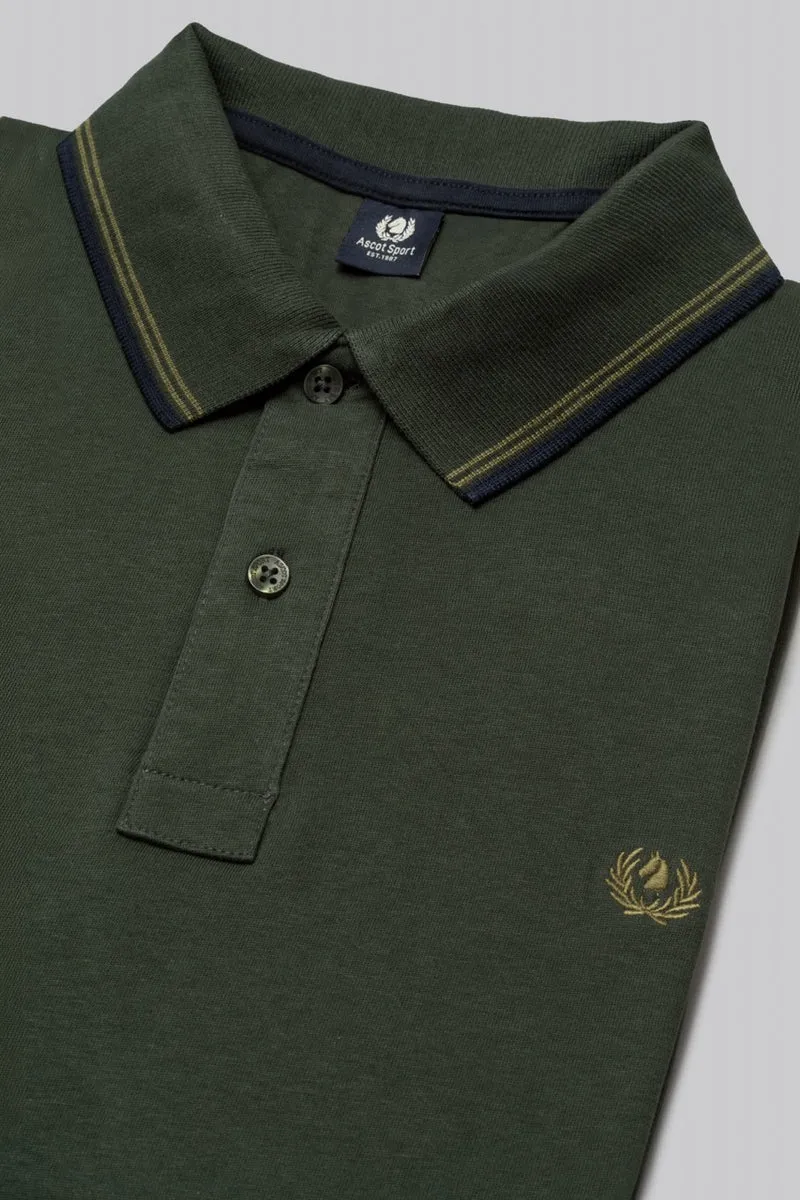Polo manica lunga in cotone suede righe a contrasto e sottocollo logato