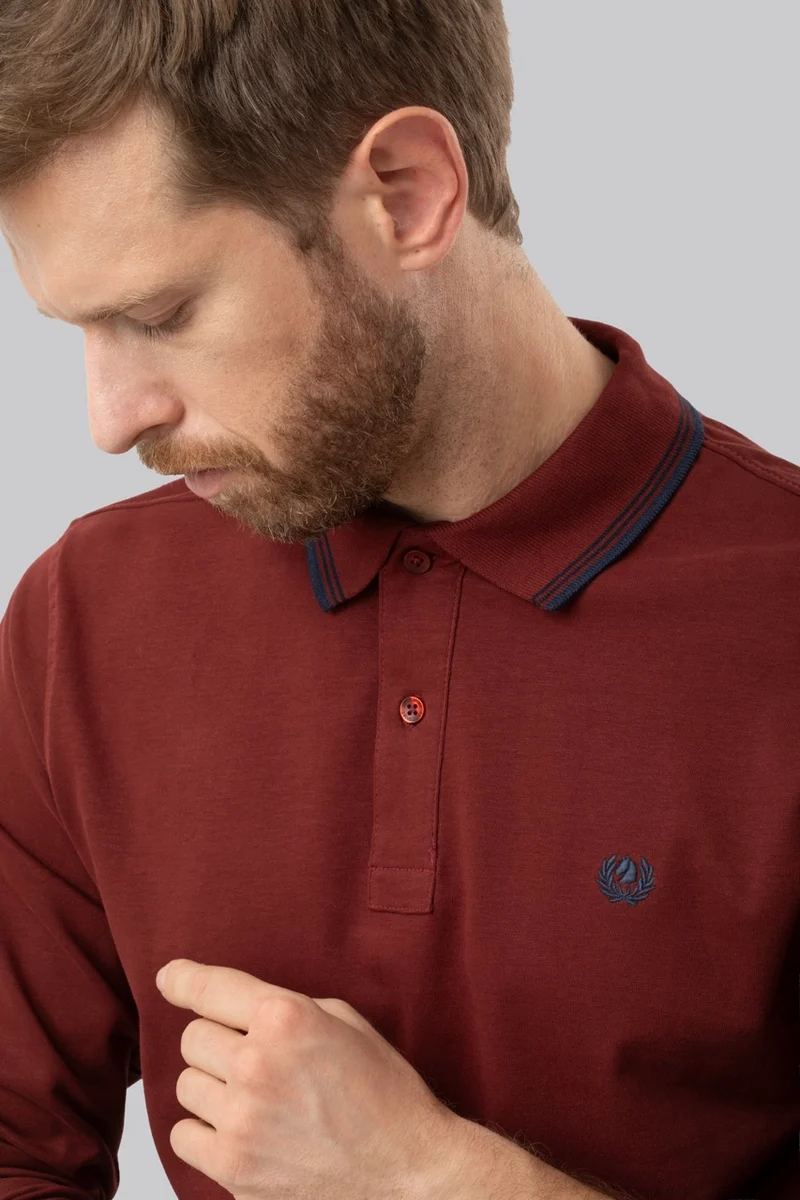 Polo manica lunga in cotone suede righe a contrasto e sottocollo logato