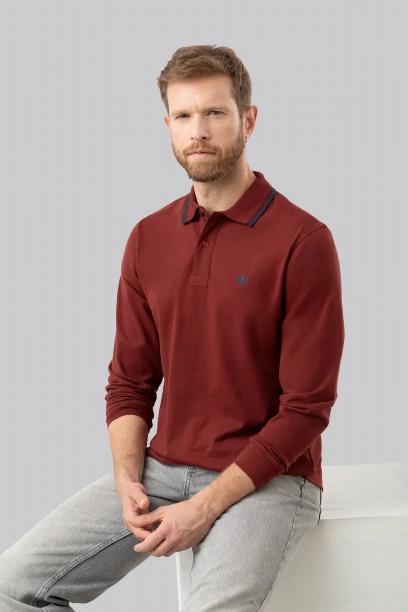 Polo manica lunga in cotone suede righe a contrasto e sottocollo logato