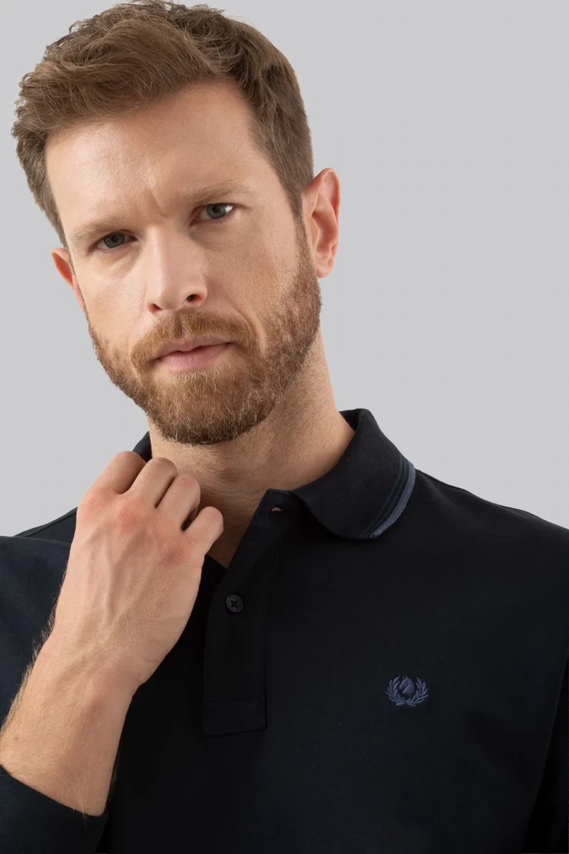 Polo manica lunga in cotone suede righe a contrasto e sottocollo logato