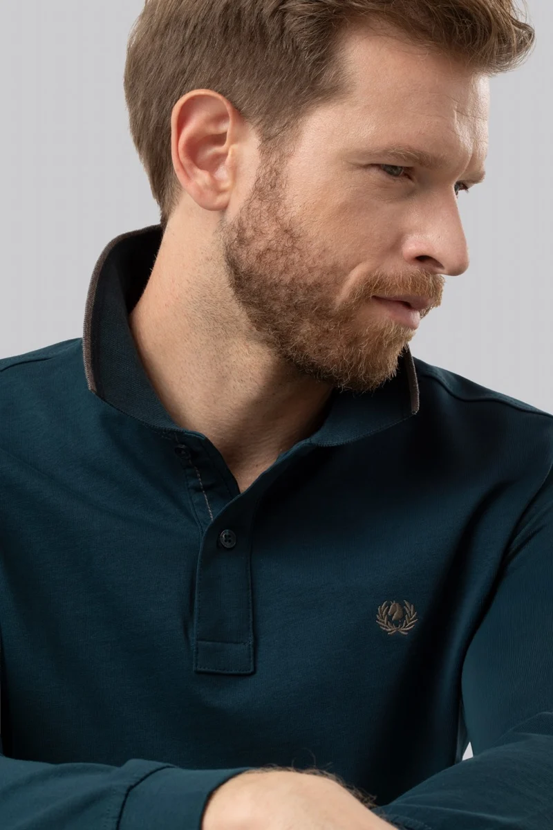 Polo manica lunga in cotone suede righe a contrasto e sottocollo logato