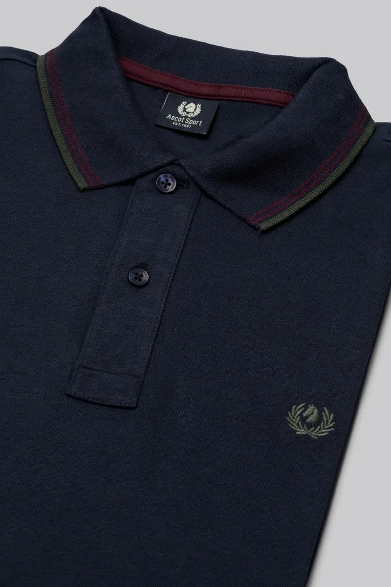 Polo manica lunga in cotone suede righe a contrasto e sottocollo logato