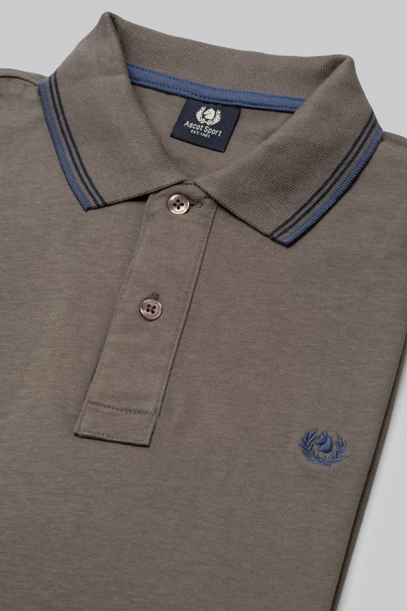 Polo manica lunga in cotone suede righe a contrasto e sottocollo logato