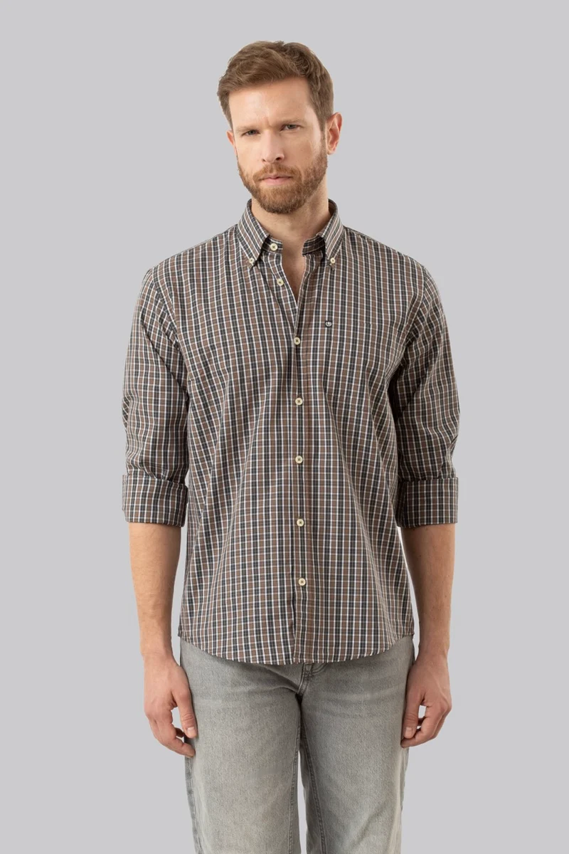 Camicia button down con taschino in popeline fantasia quadri