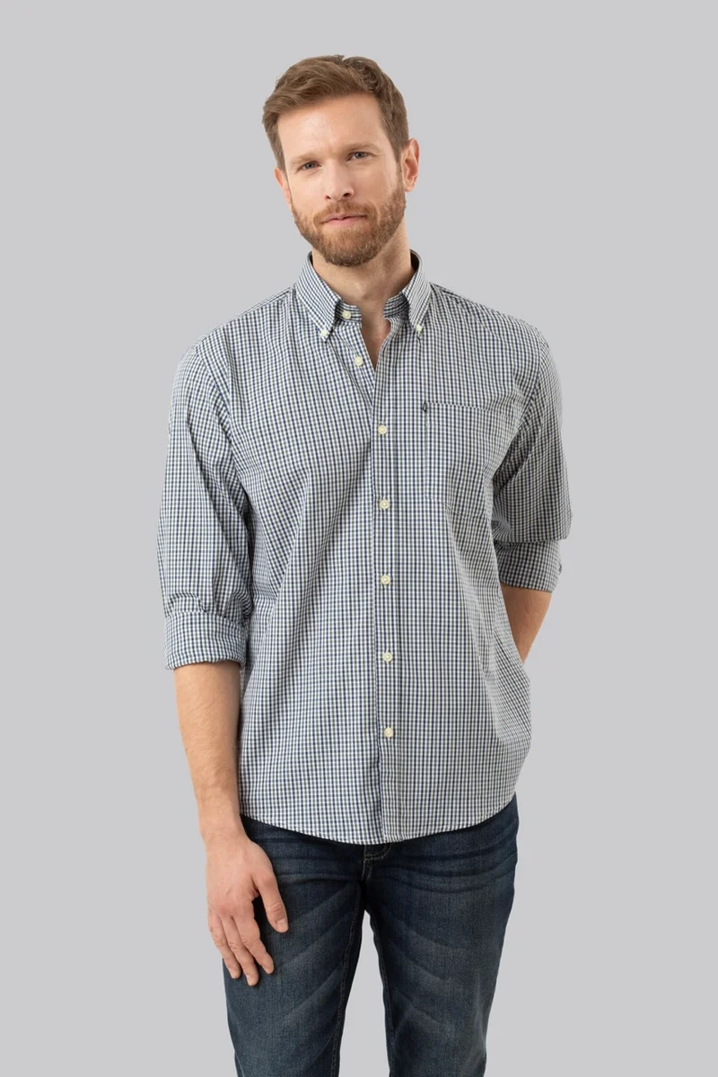 Camicia button down con taschino in popeline fantasia micro quadri