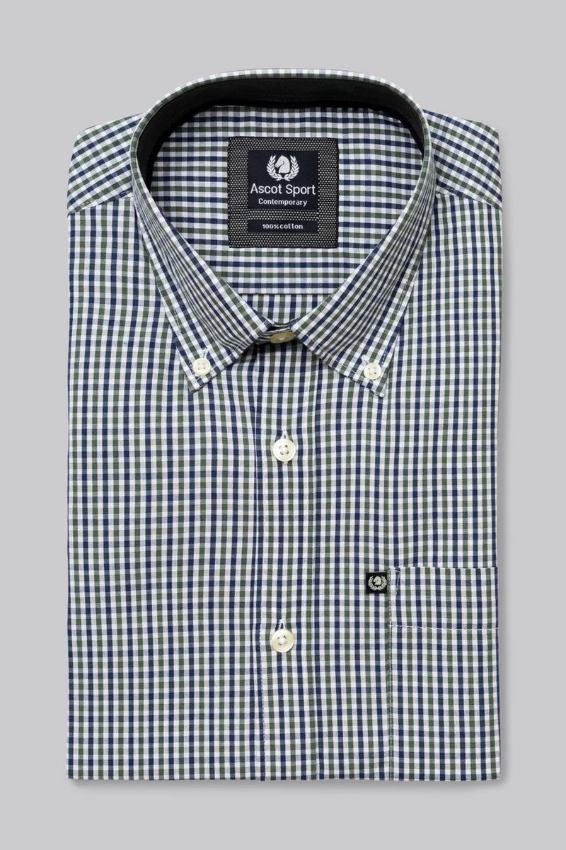Camicia button down con taschino in popeline fantasia micro quadri