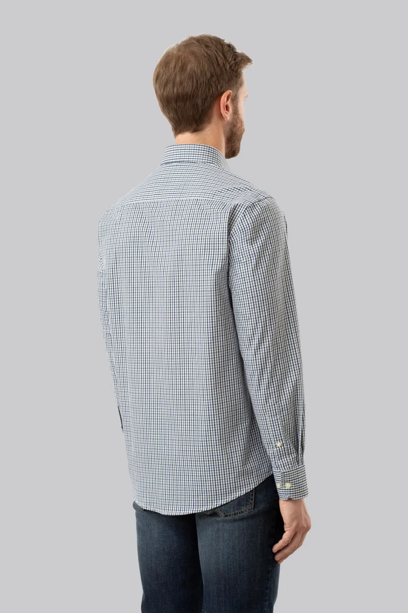 Camicia button down con taschino in popeline fantasia micro quadri