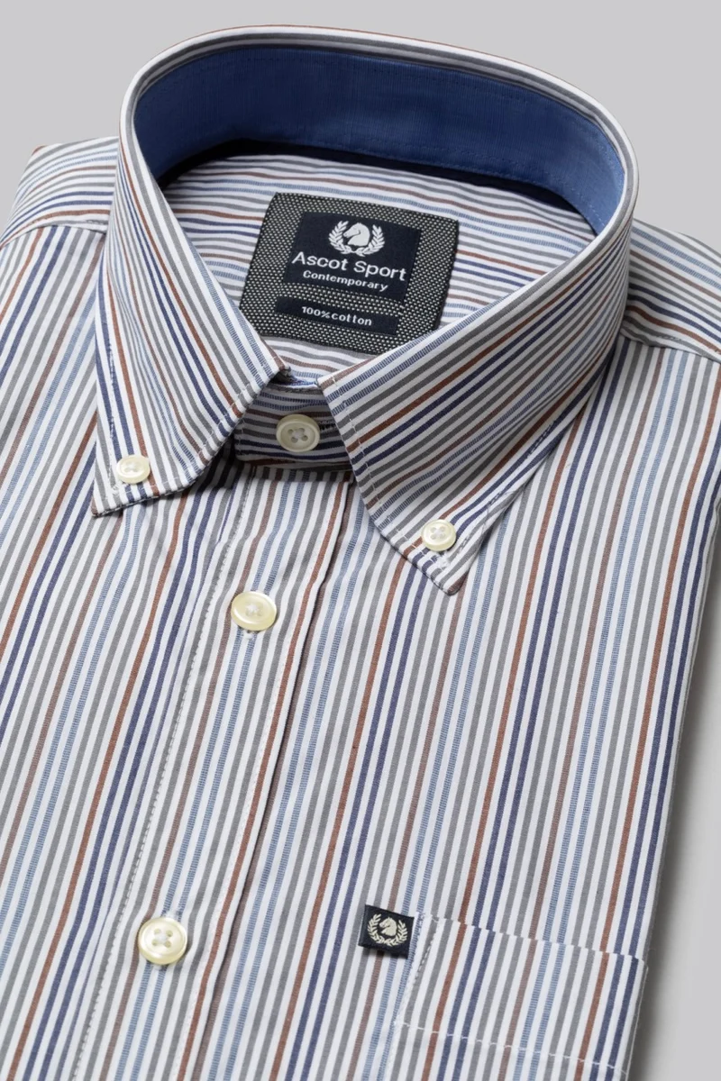 Camicia button down con taschino in popeline fantasia righe multicolore