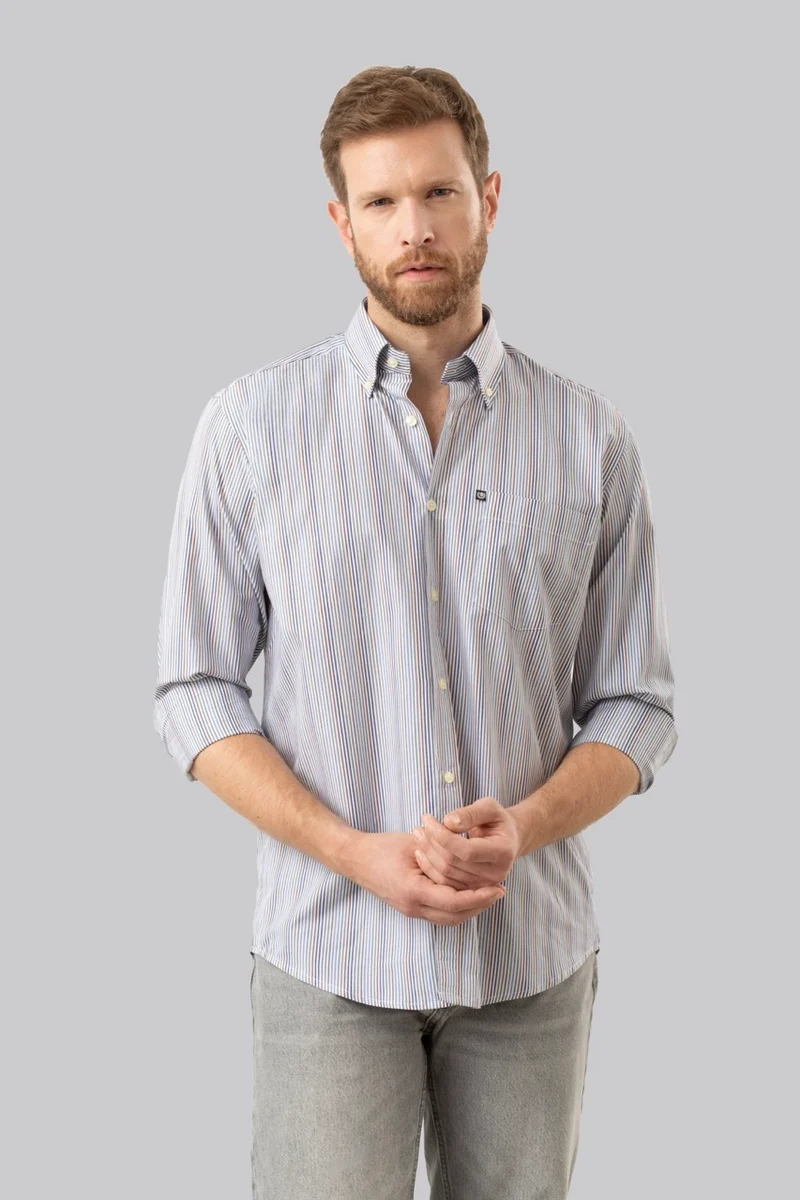 Camicia button down con taschino in popeline fantasia righe multicolore
