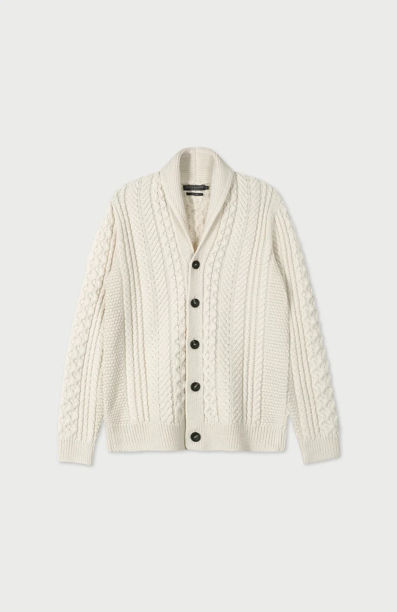 Mens Chunky Merino Wool Shawl Collar Cable Cardigan