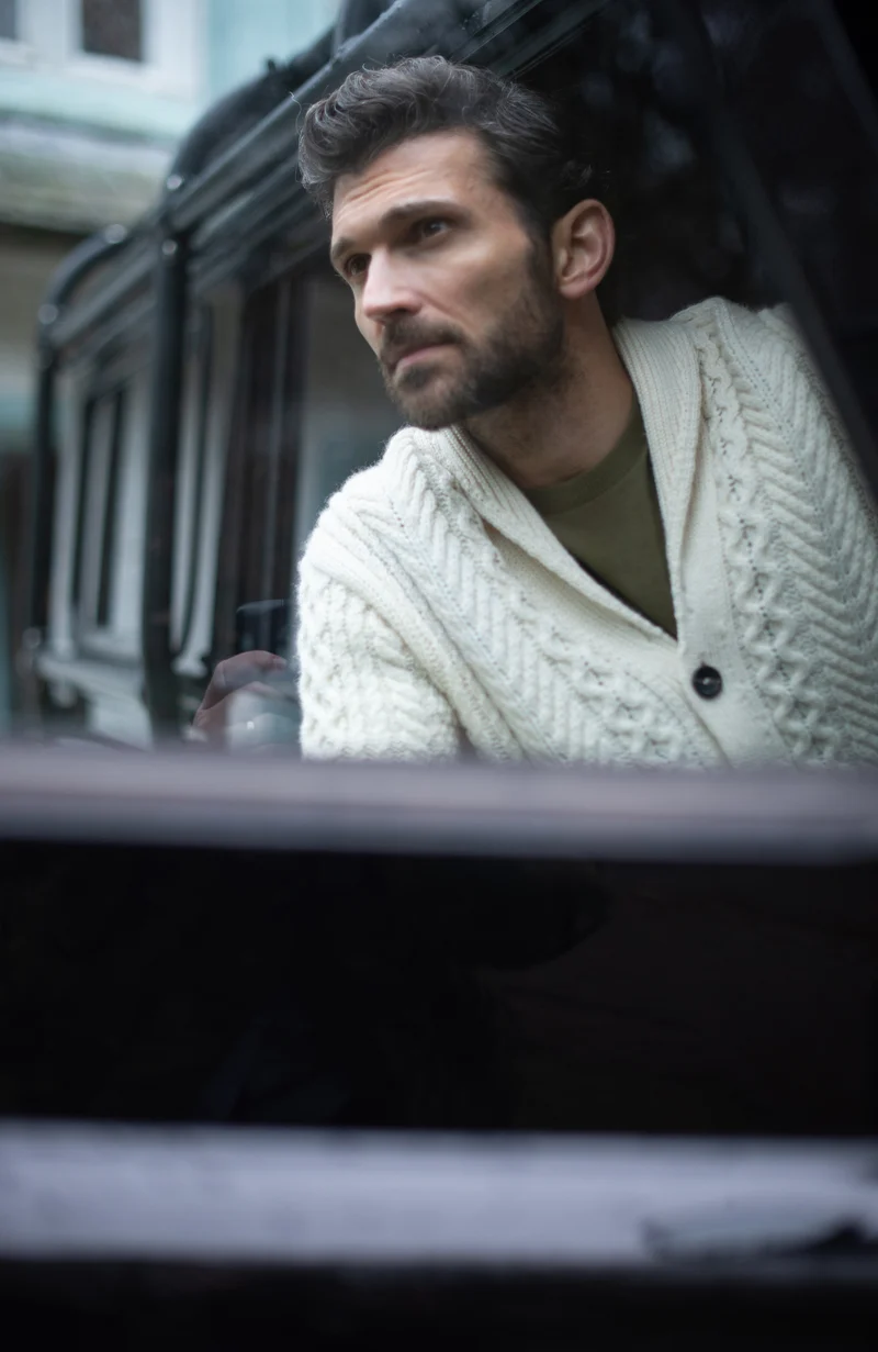 Mens Chunky Merino Wool Shawl Collar Cable Cardigan