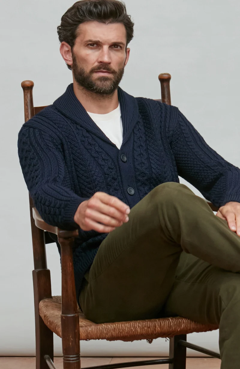 Mens Chunky Merino Wool Shawl Collar Cable Cardigan