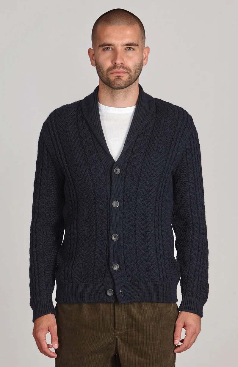Mens Chunky Merino Wool Shawl Collar Cable Cardigan