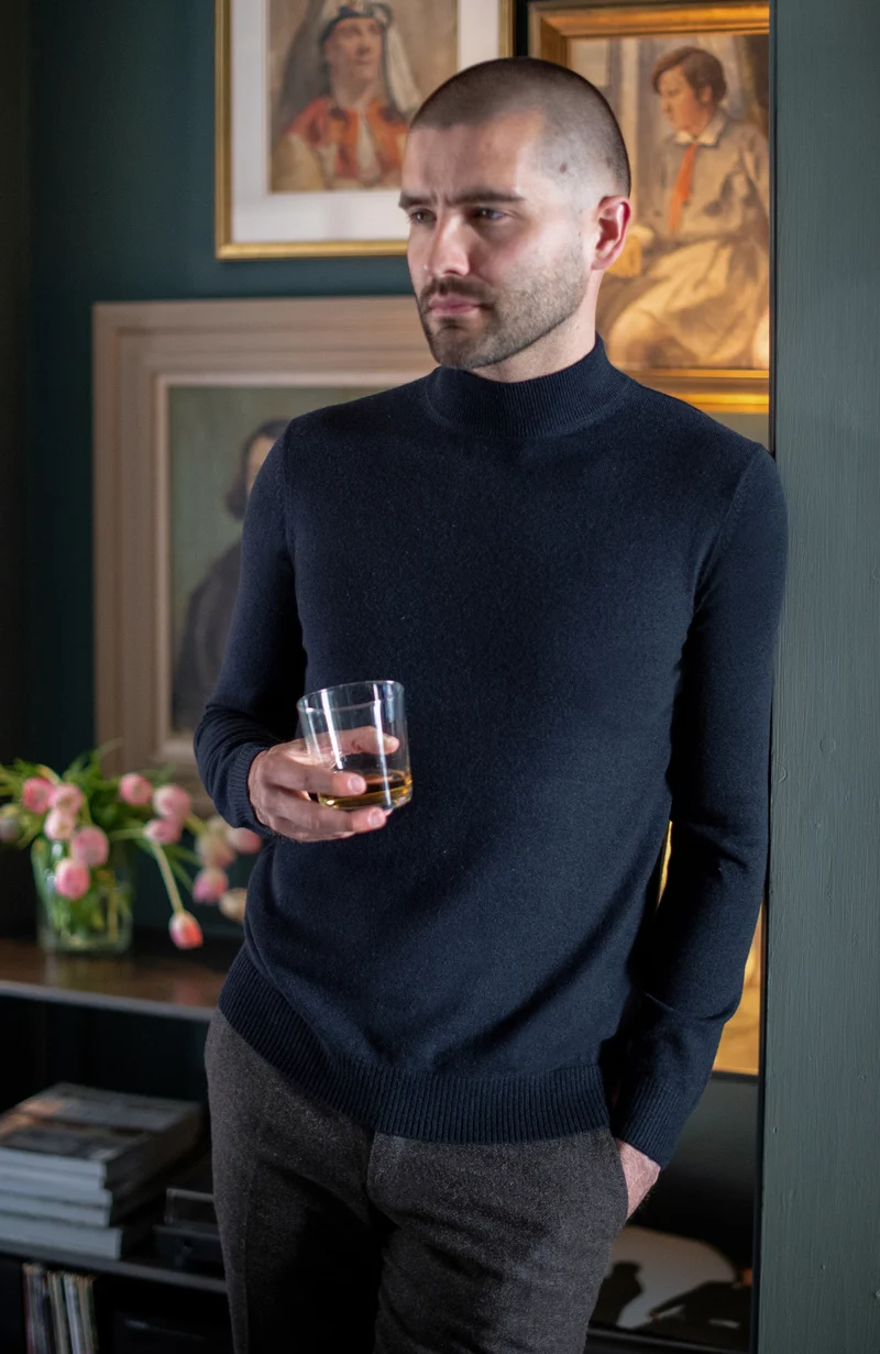 Mens Lightweight Merino Cashmere Mock Turtle Neck Jumper