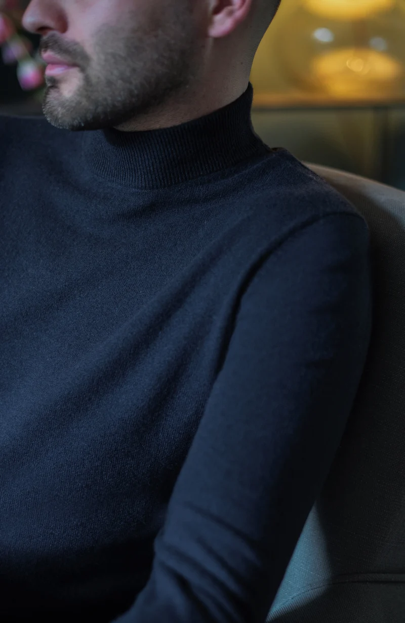 Mens Lightweight Merino Cashmere Mock Turtle Neck Jumper