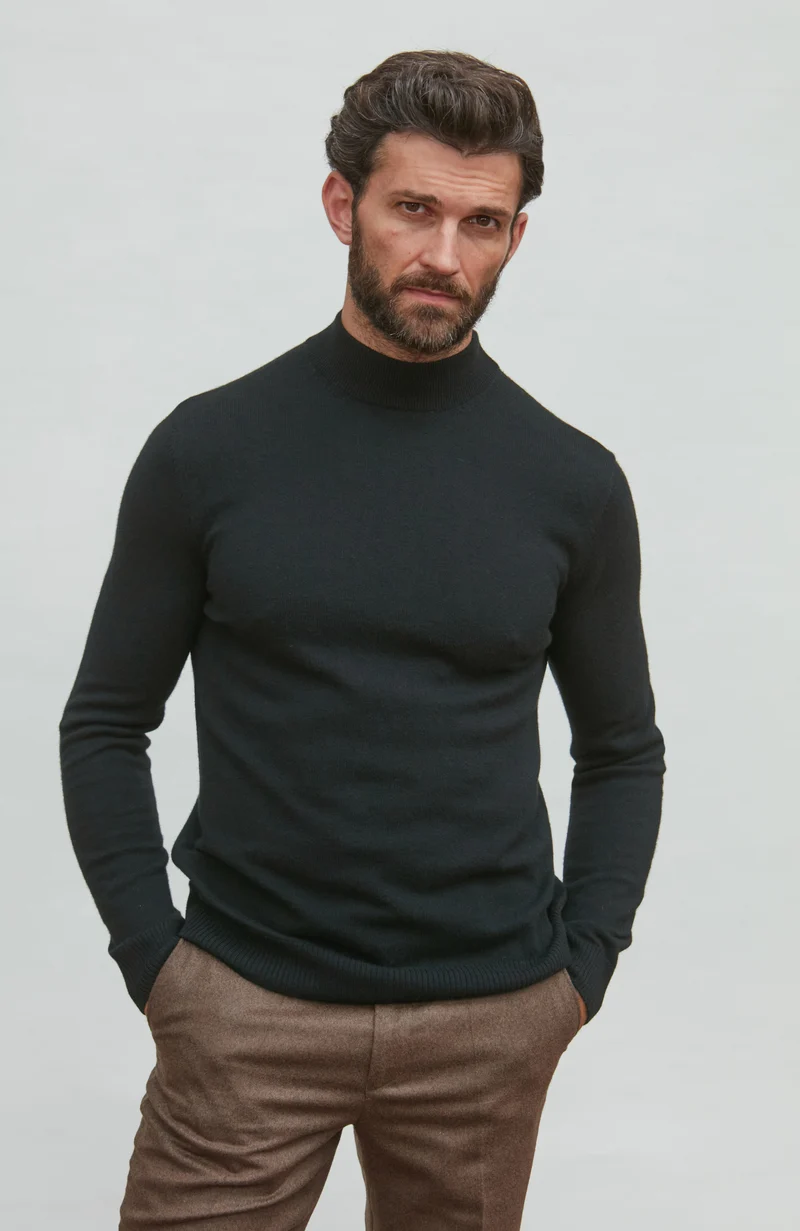 Mens Lightweight Merino Cashmere Mock Turtle Neck Jumper