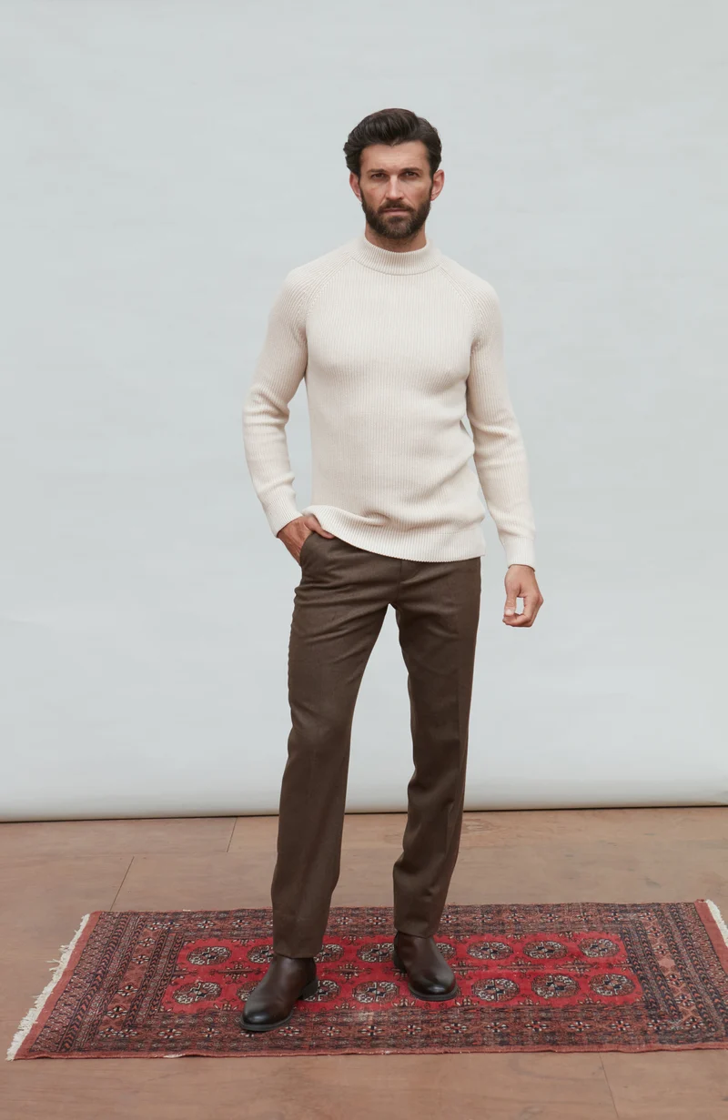 Mens Midweight Cotton Ribbed Mock Turtle Neck Jumper