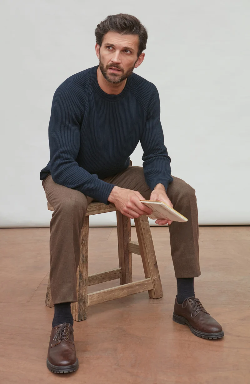 Mens Midweight Cotton Ribbed Crew Neck Jumper